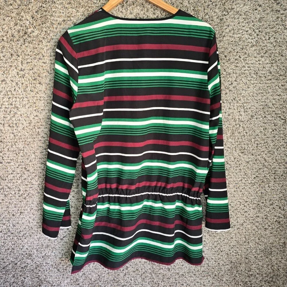 Michael‎ Kors Top Womens Large Black Green Striped V Neck Blouse Semi Sheer